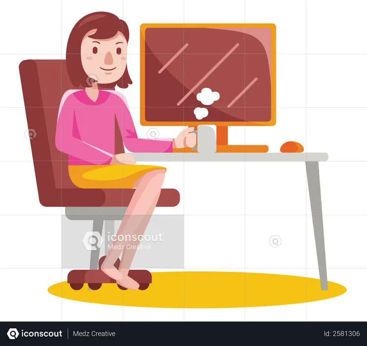 Woman sitting at computer desk holding coffee cup  Illustration
