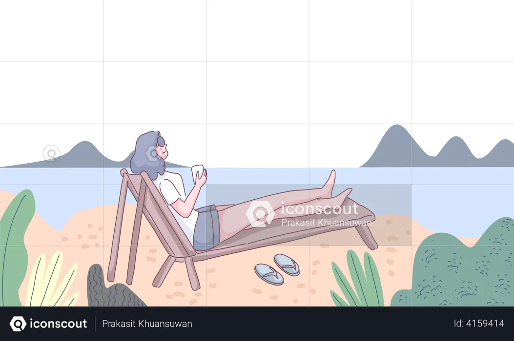 Woman sitting at seaside and enjoying coffee  Illustration