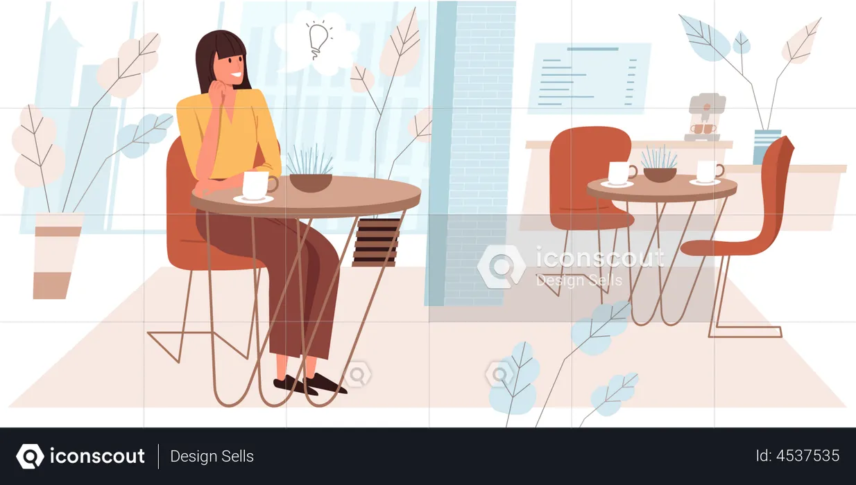 Woman sitting at table in cafe  Illustration