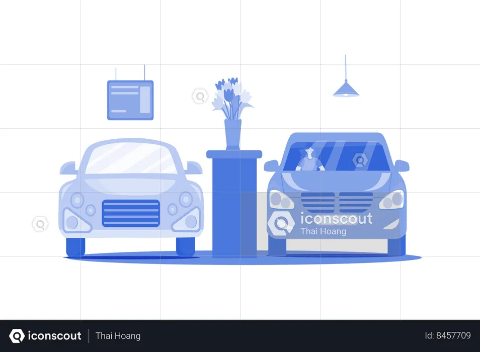 Woman Sitting In A Car In Showroom  Illustration