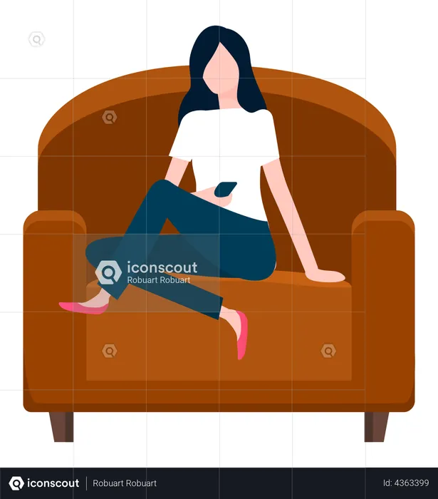 Woman sitting in armchair holds smartphone  Illustration
