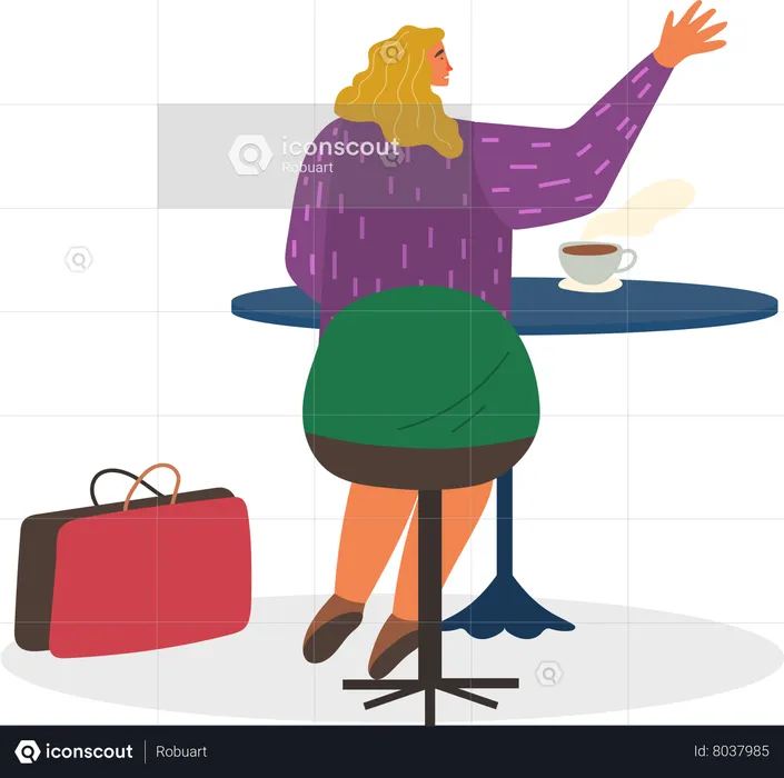 Woman Sitting in Coffeehouse and Drink Coffee  Illustration