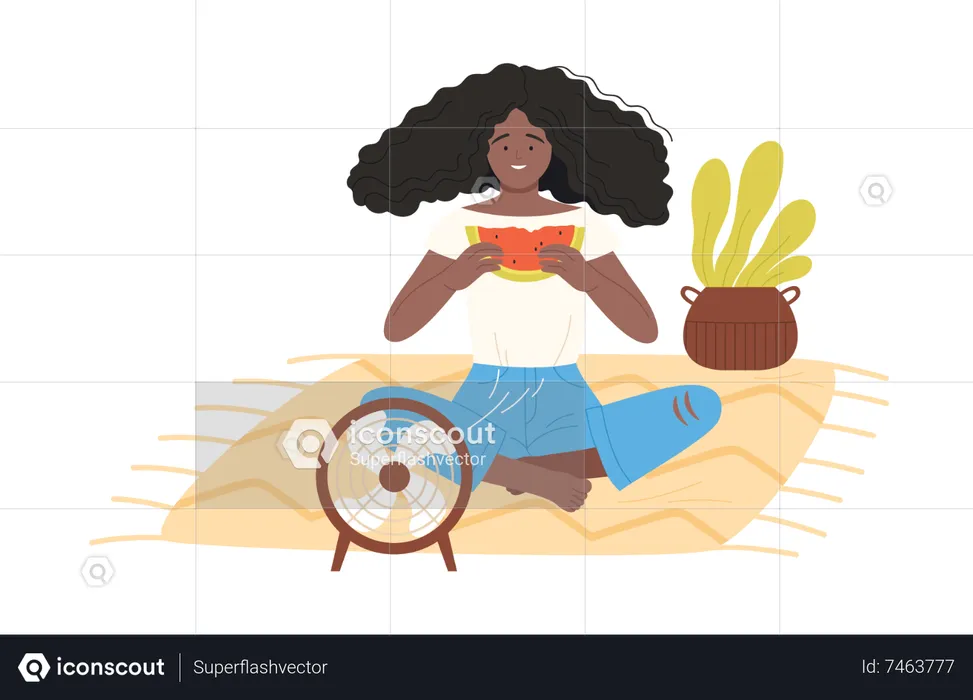 Woman sitting in front of fan with eating watermelon  Illustration