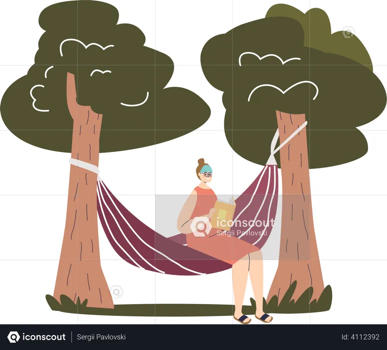 Woman sitting in hammock and reading book outdoors in garden  Illustration