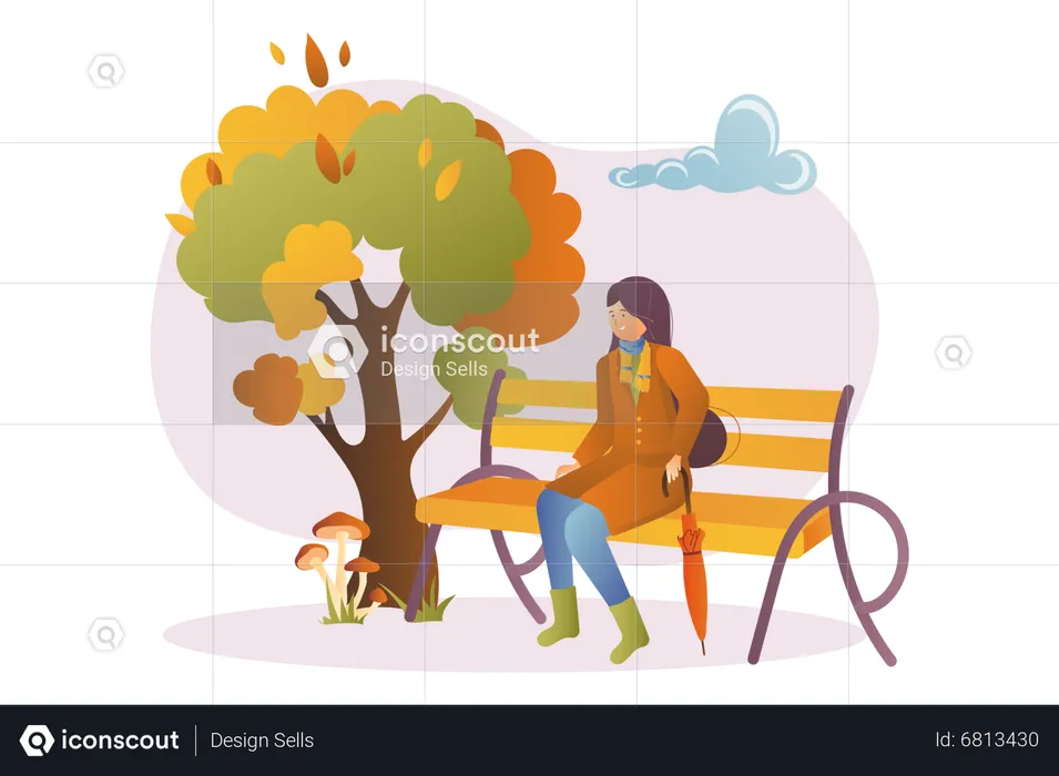 Woman sitting in park during autumn fall  Illustration