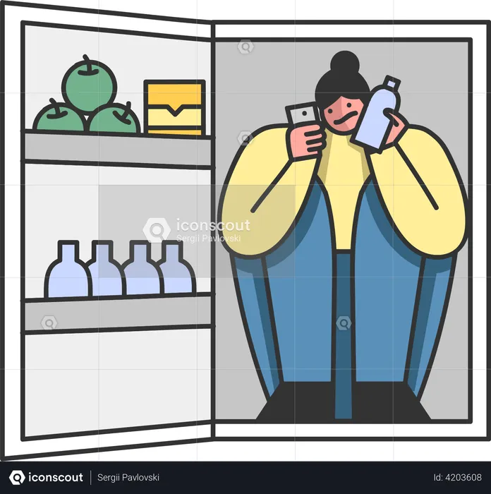 Woman sitting inside fridge due to hot summer temperature  Illustration