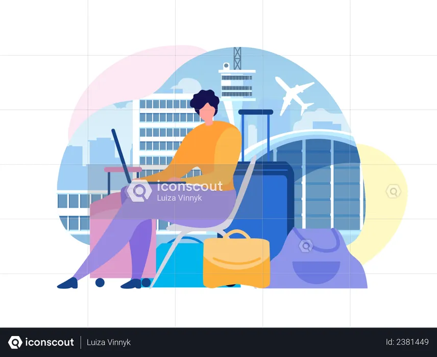 Woman Sitting near Baggage, Using Laptop, Searching Flights Timetable in Internet  Illustration