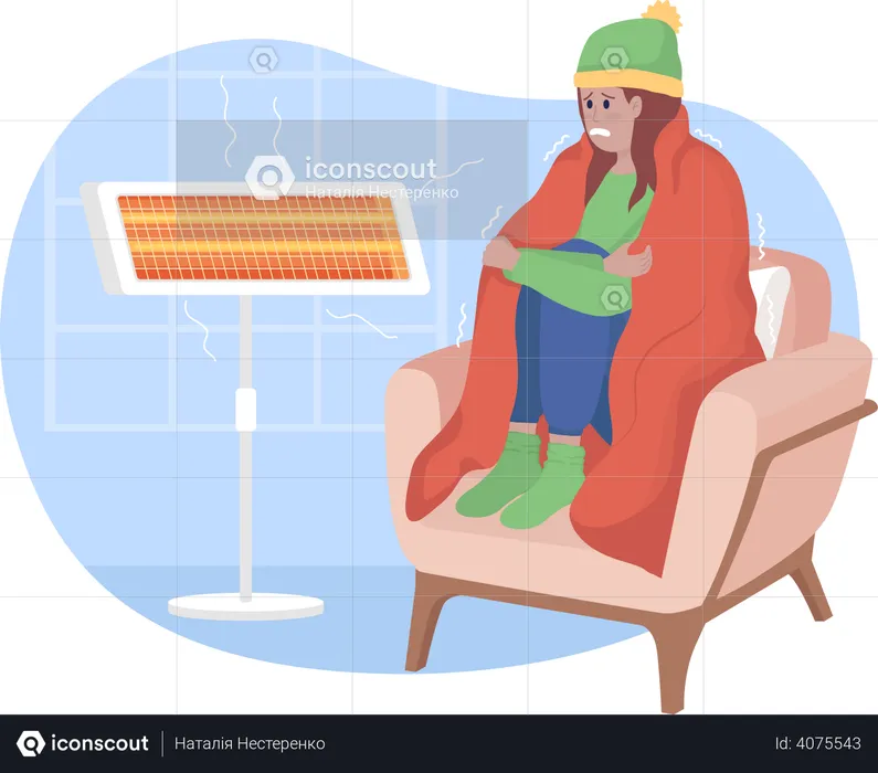 Woman Sitting Near heater at home  Illustration