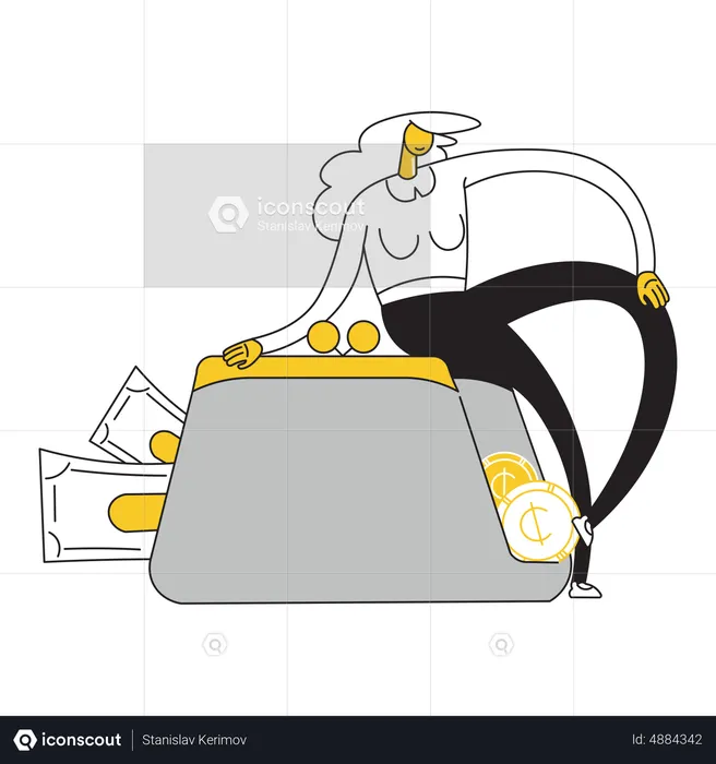 Woman sitting on a big purse of money  Illustration