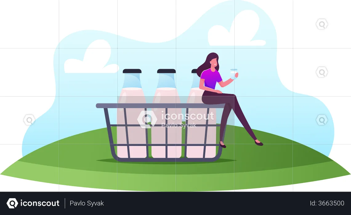 Woman Sitting On Basket And Drinking Milk  Illustration