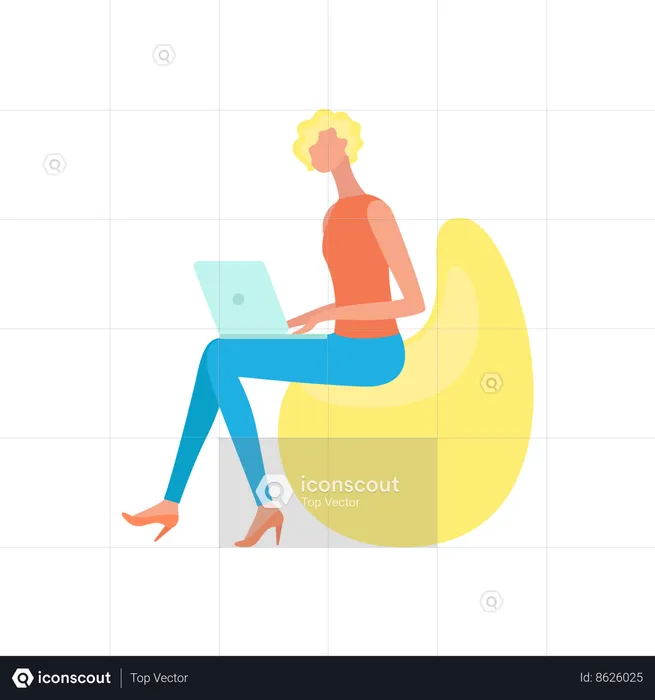 Woman Sitting on Bean Chair and Working on Laptop  Illustration