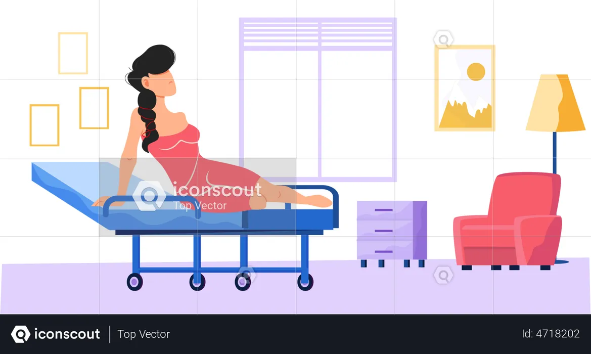 Woman sitting on bed in hospital room  Illustration