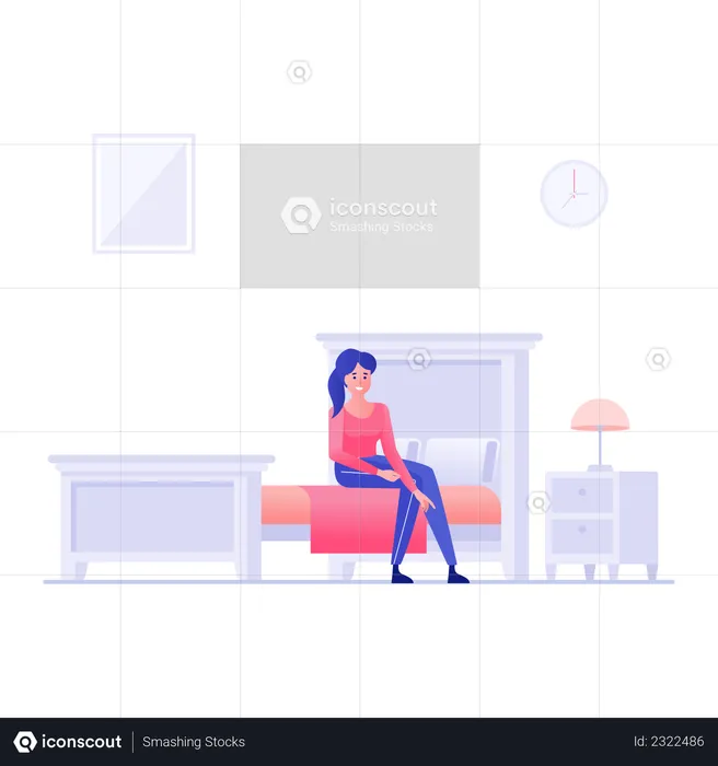 Woman Sitting On Bed in hotel room  Illustration