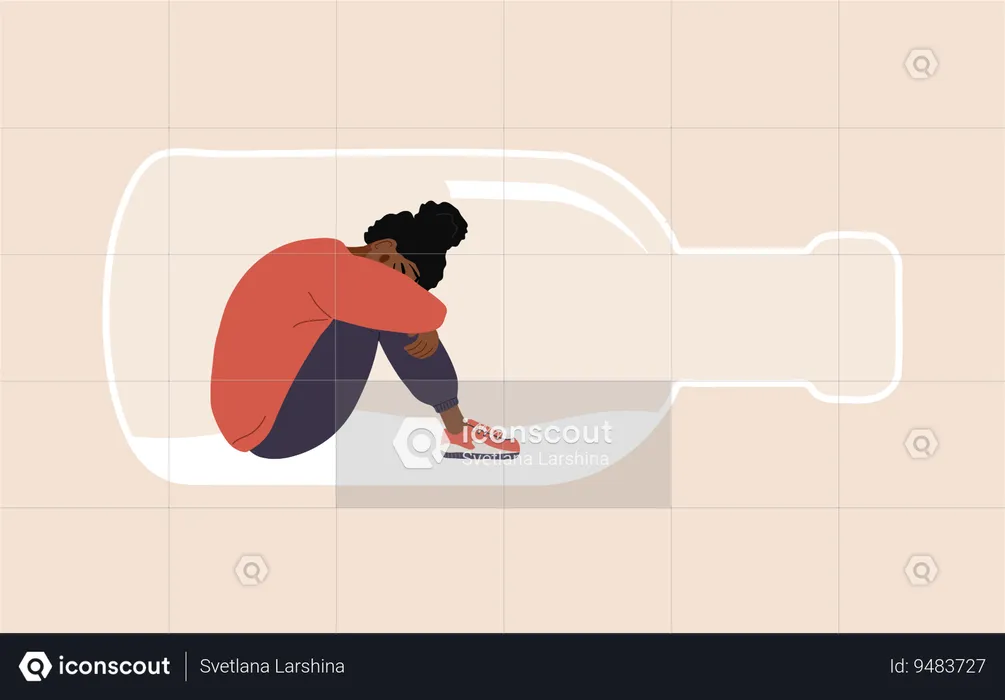 Woman sitting on bottom of bottle and hugging her knees  Illustration