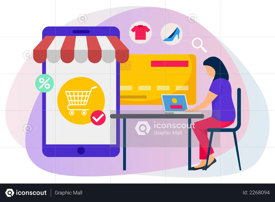 Woman sitting on chair adding items in cart and doing payment for online shopping  Illustration