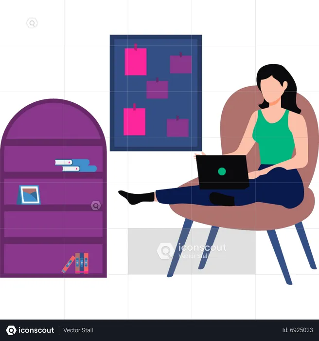 Woman sitting on chair and working from home  Illustration