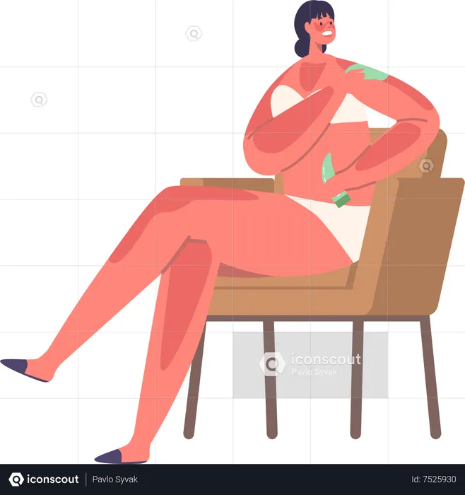 Woman sitting on chair applies sunburn cream  Illustration