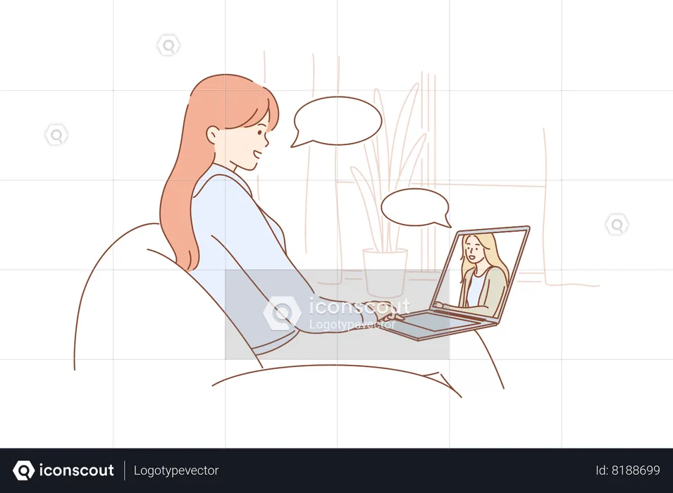 Woman  sitting on chair at home talking with friend online  Illustration