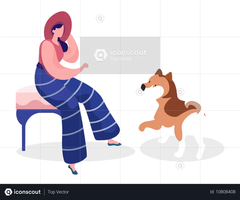 Woman Sitting on Chair Playing Siberian Husky Dog  Illustration