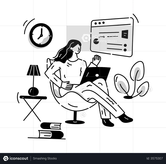 Woman sitting on chair while working on laptop  Illustration
