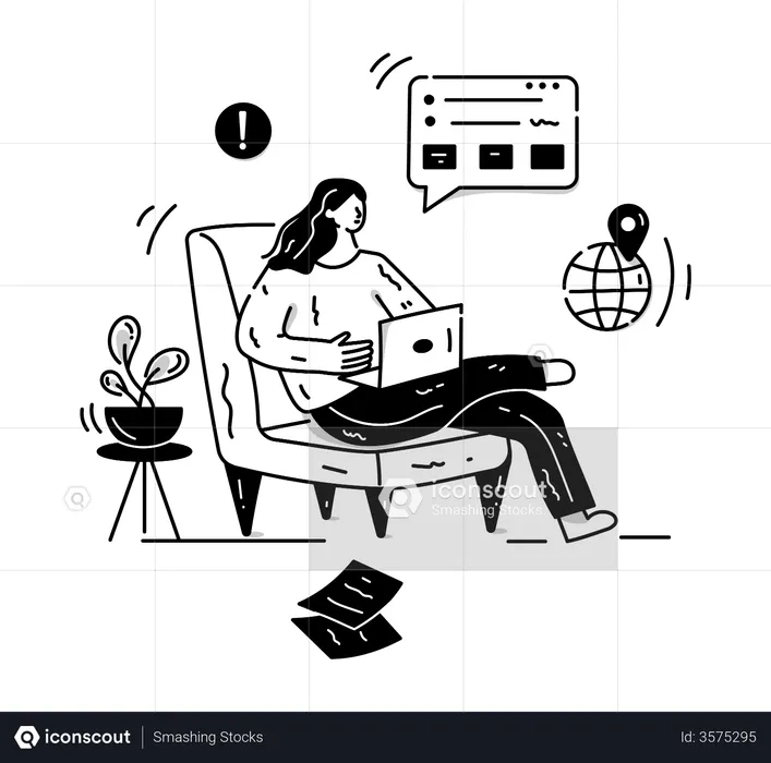 Woman sitting on chair working on laptop  Illustration