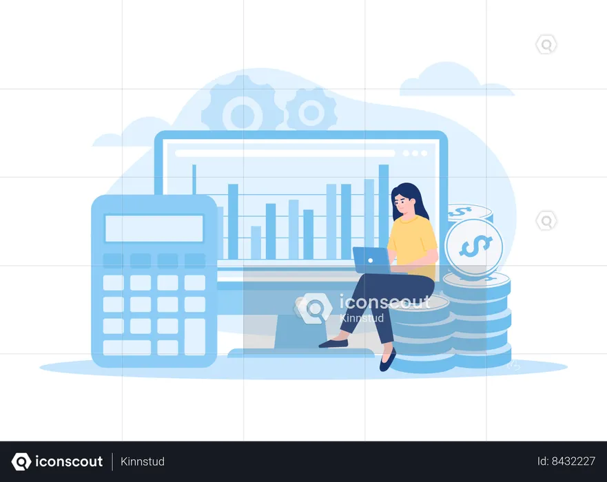 Woman sitting on coins and calculates business income  Illustration