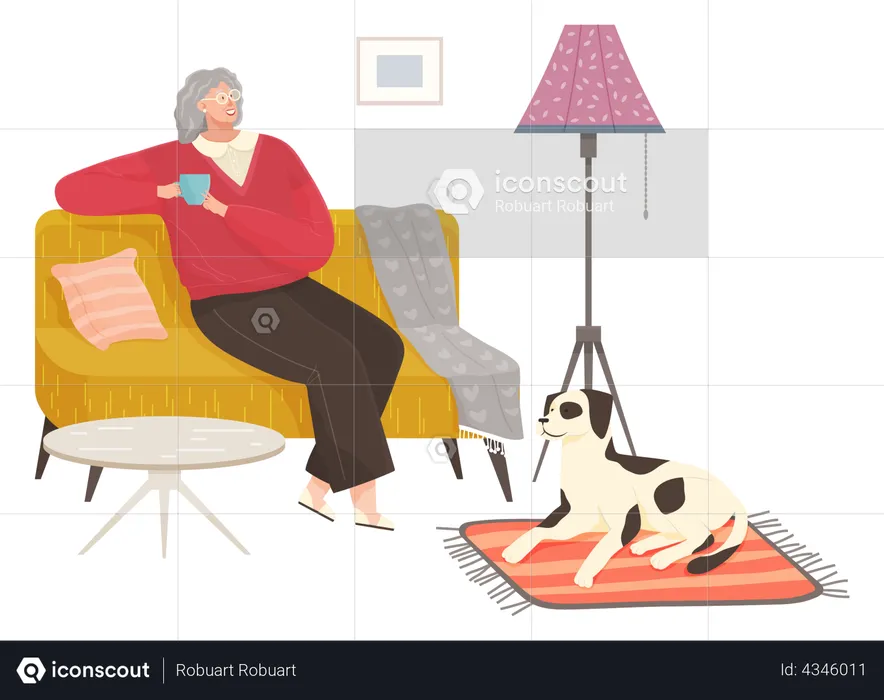Woman sitting on couch and having coffee  Illustration