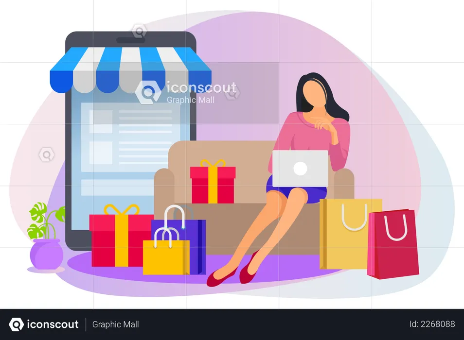 Woman sitting on couch doing online shopping  Illustration