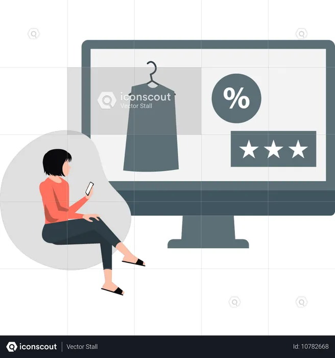 Woman sitting on couch looking shopping star rating  Illustration