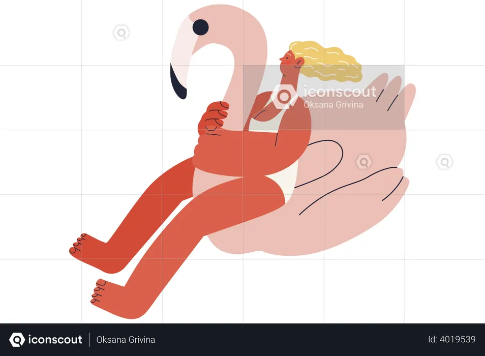 Woman Sitting On Duck Inflatable Float  Illustration