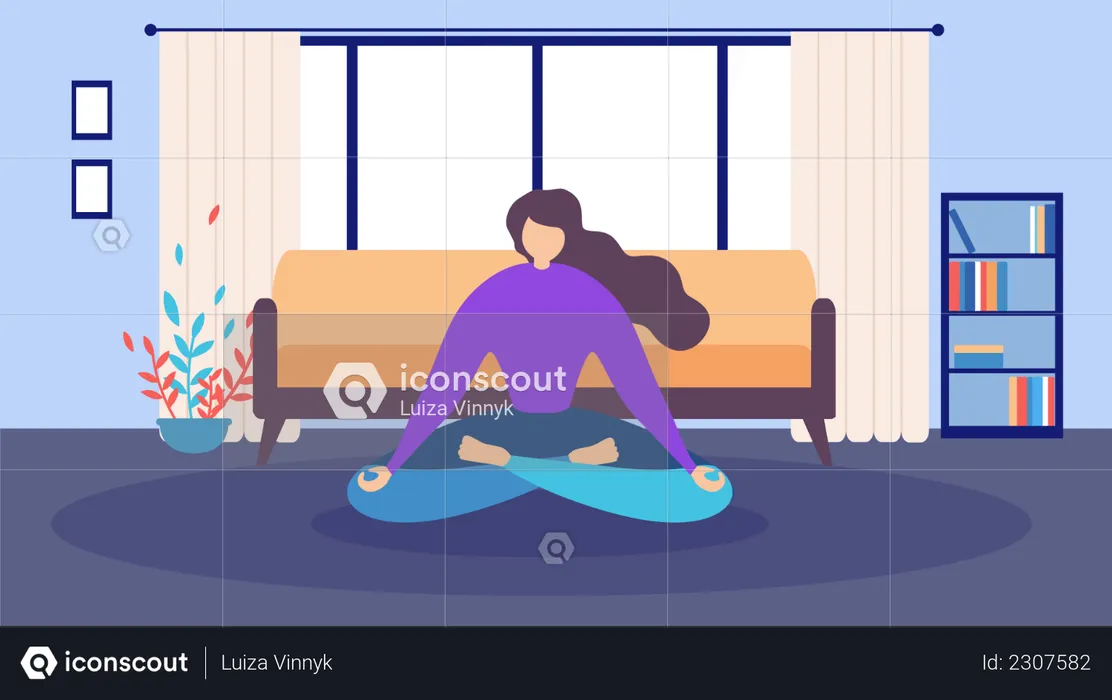 Woman Sitting on floor and Eyes Closed doing  Meditation at Home  Illustration
