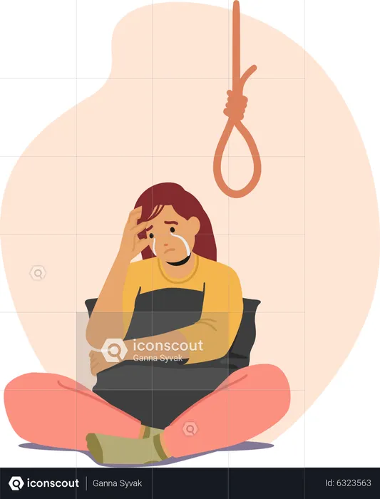 Woman sitting on floor thinking of suicide  Illustration