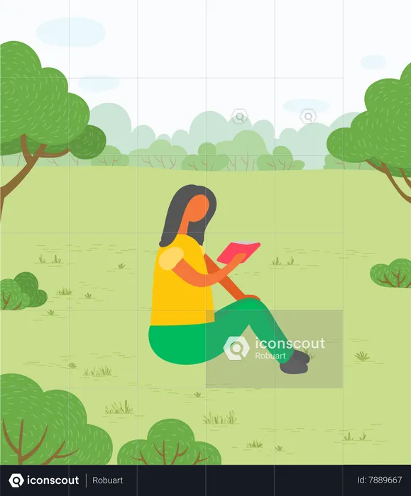 Woman Sitting on Grass and Reading Book  Illustration