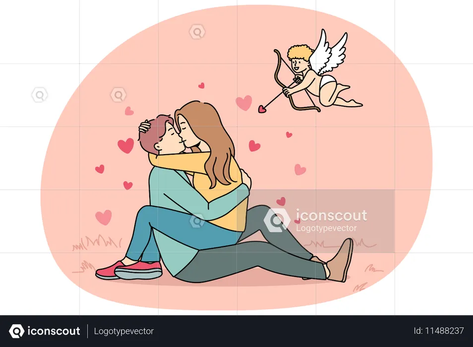 남자가 앉아 껴안고 껴안는 여자  일러스트레이션
