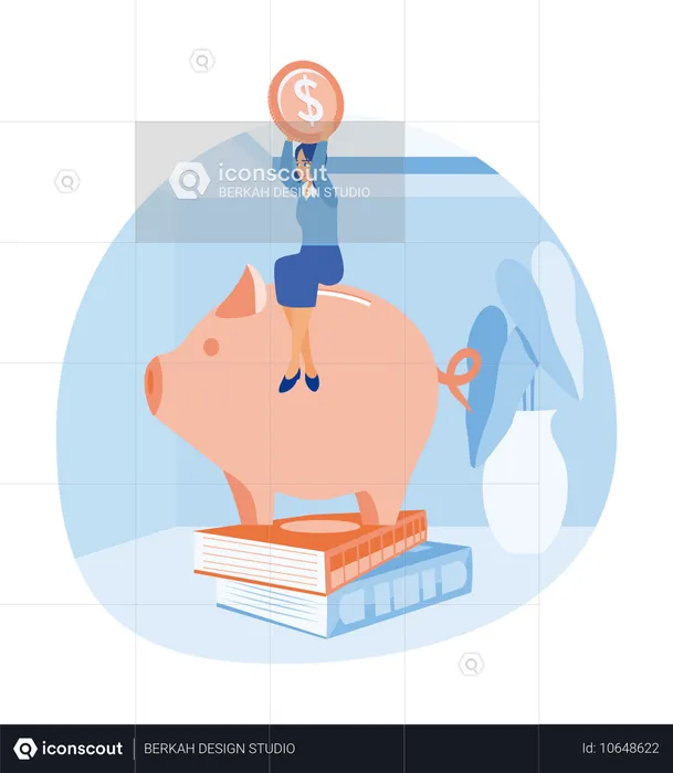 Woman Sitting On Piggy Bank And Holding Coins  Illustration