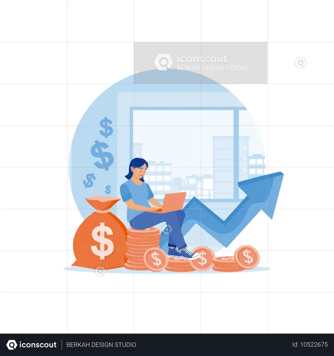 Woman sitting on pile of coins while doing fianncial analysis on laptop  Illustration