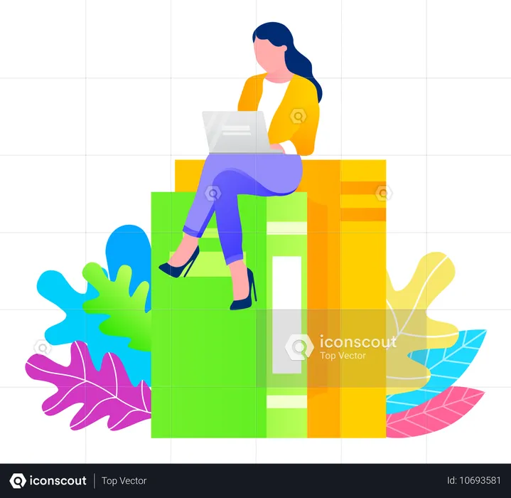 Woman Sitting on Piles of Books Searching Answer  Illustration