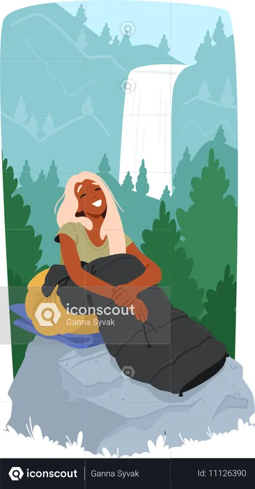 Woman sitting on rock with sleeping bag  Illustration