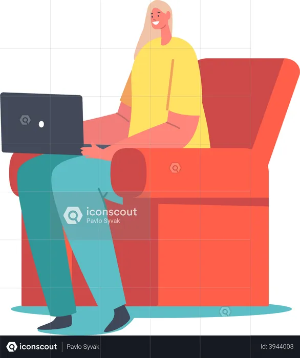 Woman sitting on sofa and working on laptop  Illustration