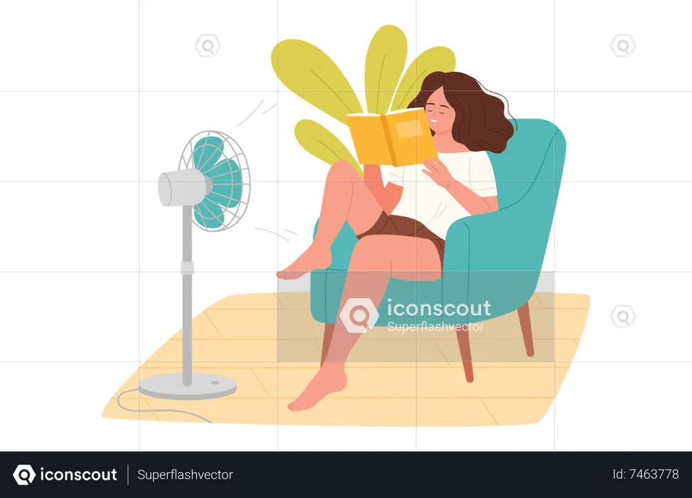 Woman sitting on sofa front of fan with reading book  Illustration