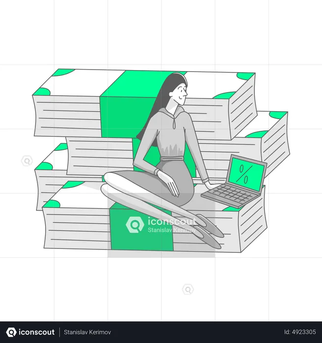 Woman sitting on stacks of bills  Illustration