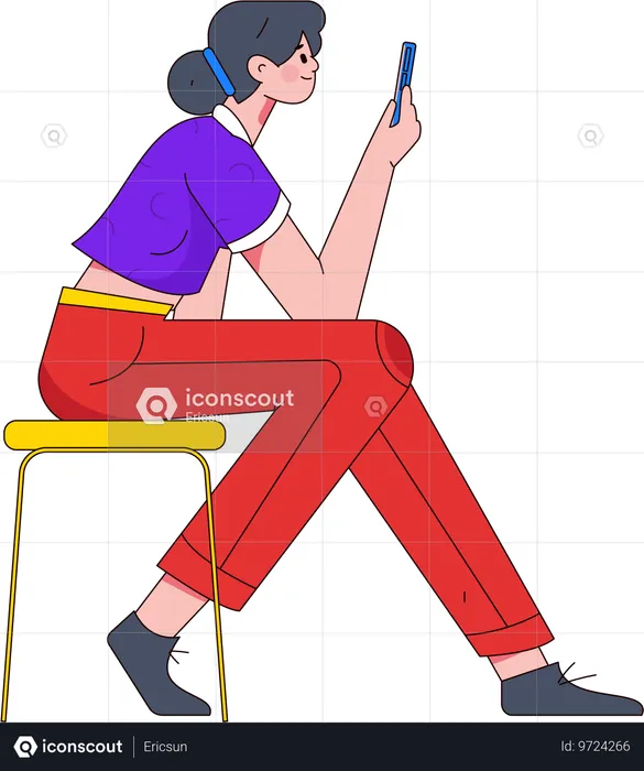 Woman sitting on stool and using smartphone  Illustration