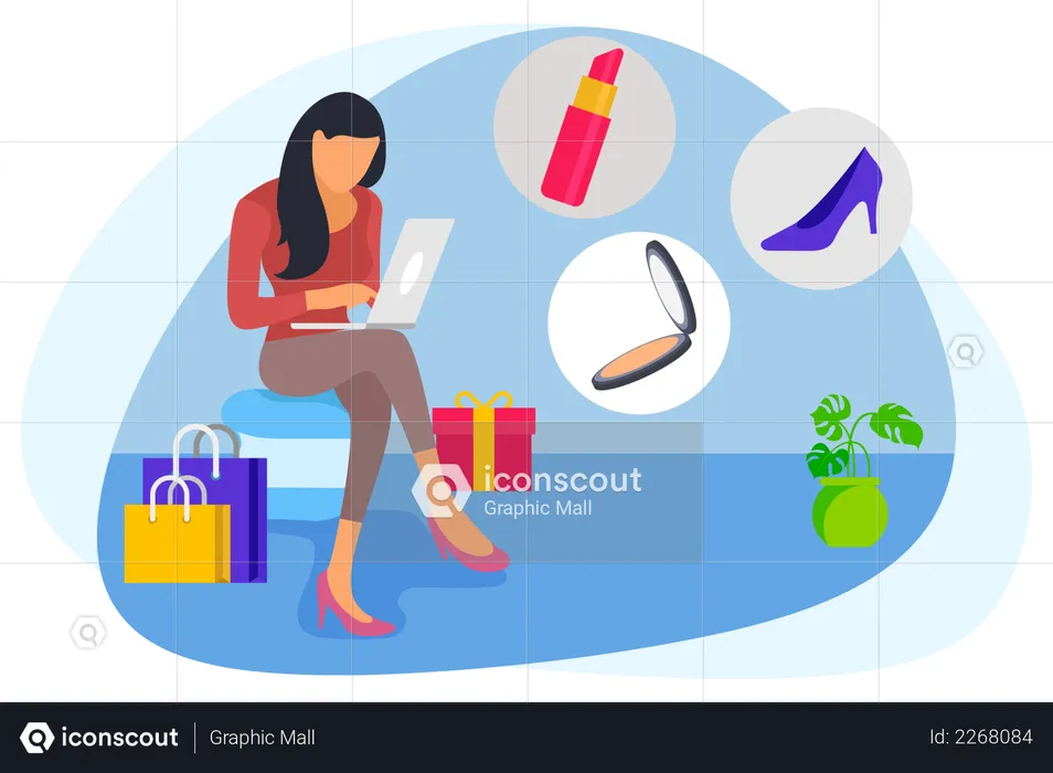 Woman sitting on table doing online shopping  Illustration