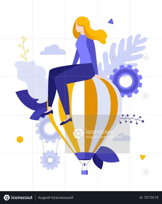 Woman sitting on top of flying hot air balloon  Illustration
