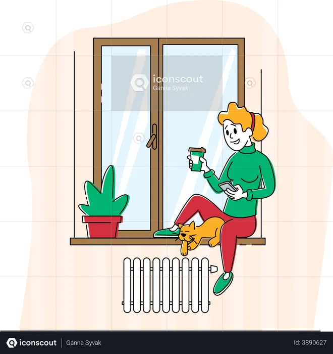 Woman Sitting on Windowsill with Cat  Illustration