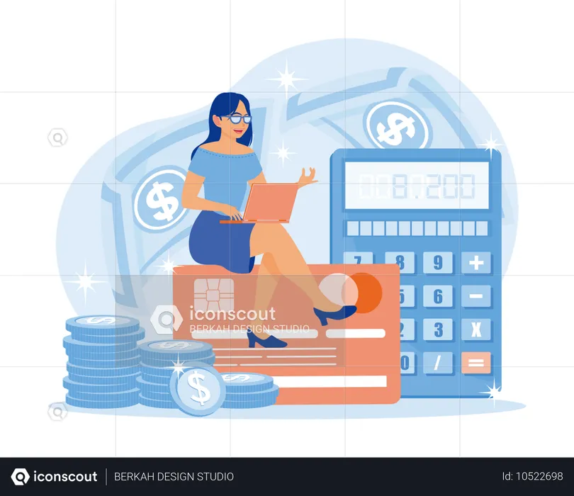 Woman sitting over cards while holding laptops with calculators and calculates each transaction  Illustration