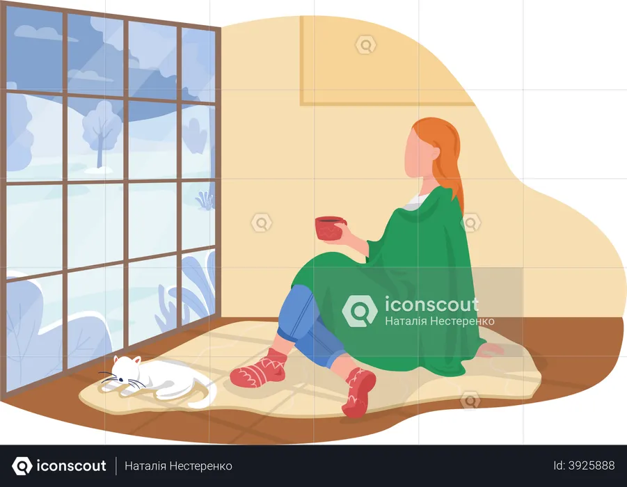 Woman sitting with blanket in living room with pet dog  Illustration