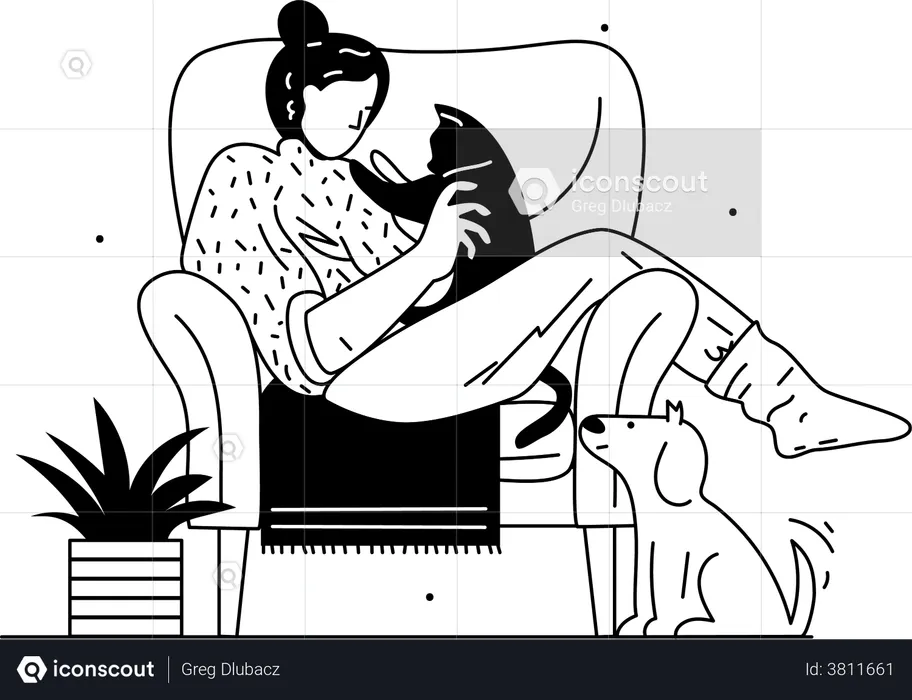 Woman sitting with her pets  Illustration