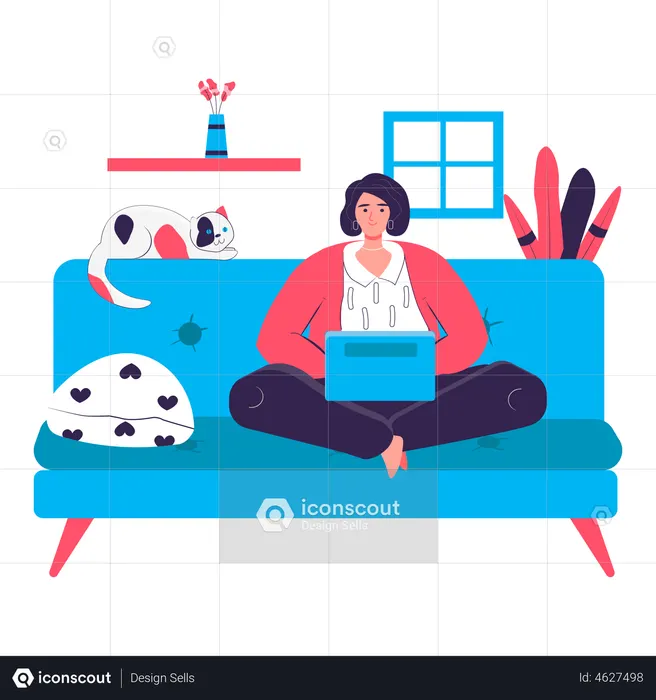 Woman sitting with laptop on sofa in room  Illustration