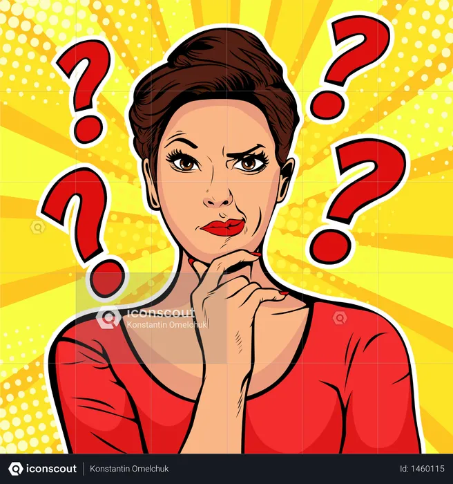 Woman skeptical facial expressions face with question marks upon hear head  Illustration